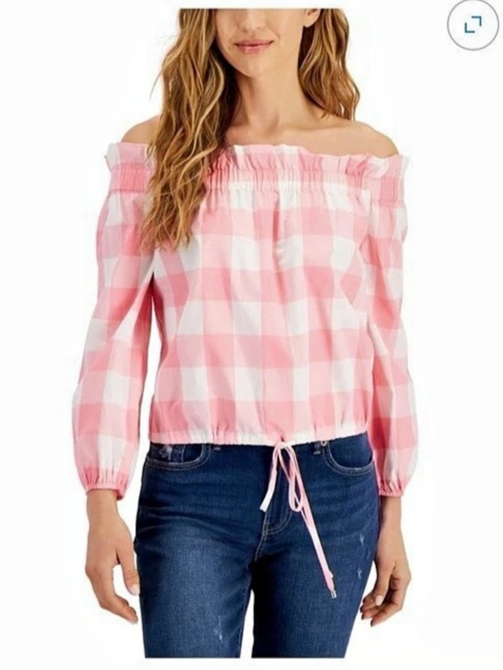 NEW! TOMMY HILFIGER Elastic Off Shoulder Gingham Pink & White Plaid 3/4 Sleeves